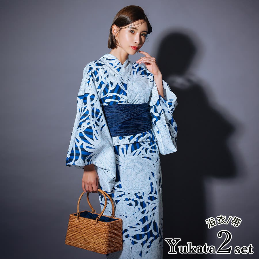 ストライプ紺地×大輪白百合浴衣3点セット 浴衣セット レディース浴衣　Tika ストライプ紺地×大輪白百合浴衣3点セット 浴衣セット レディース