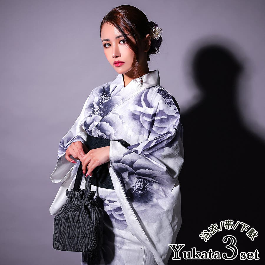 値下げ可！TIKA 浴衣　３点セット  作り帯付き　オプション有り 浴衣セット レディース 白地水彩向日葵 ゆかた3点セット (浴衣