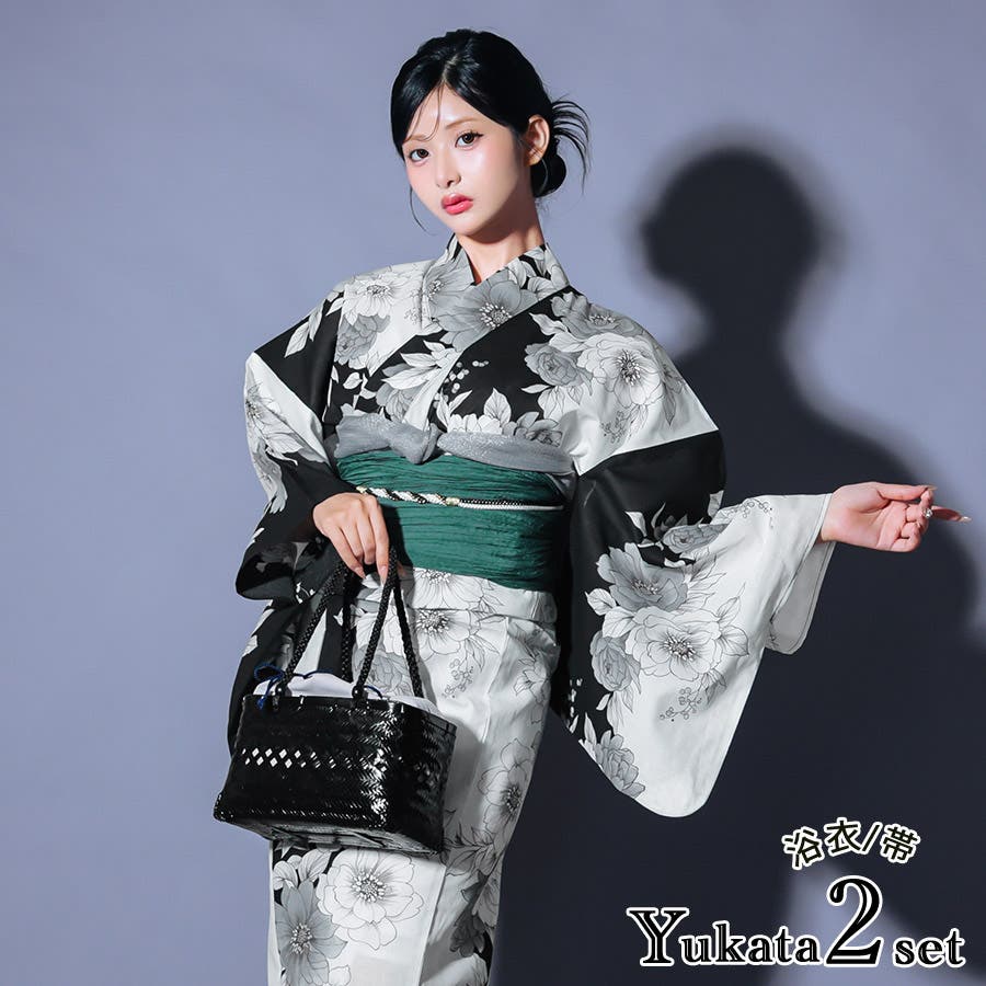 Tika 粋モダン市松牡丹兵児帯浴衣2点セット 浴衣[品番：XK000014018
