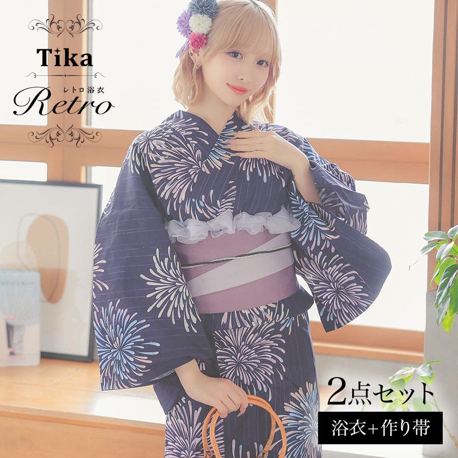 Tika 紺地に花火柄浴衣2点セット 浴衣[品番：XK000013428]｜Tika
