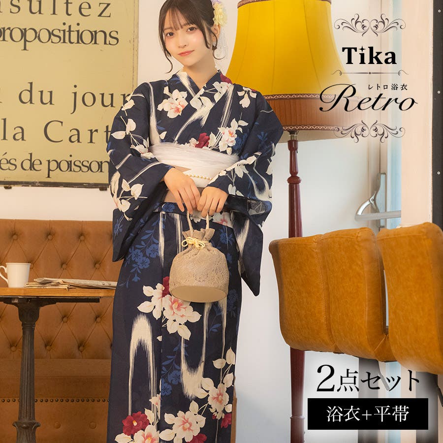 Tika 濃紺×大輪椿レトロモダン浴衣2点セット 浴衣[品番：XK000014003