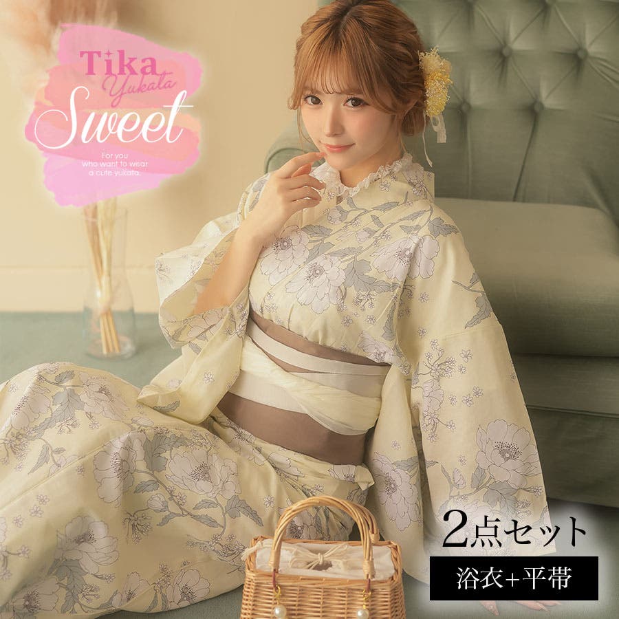 Tika✯浴衣✯セット✯ Tika 大輪牡丹×くすみイエロー浴衣2点セット 浴衣[品番：XK000013516