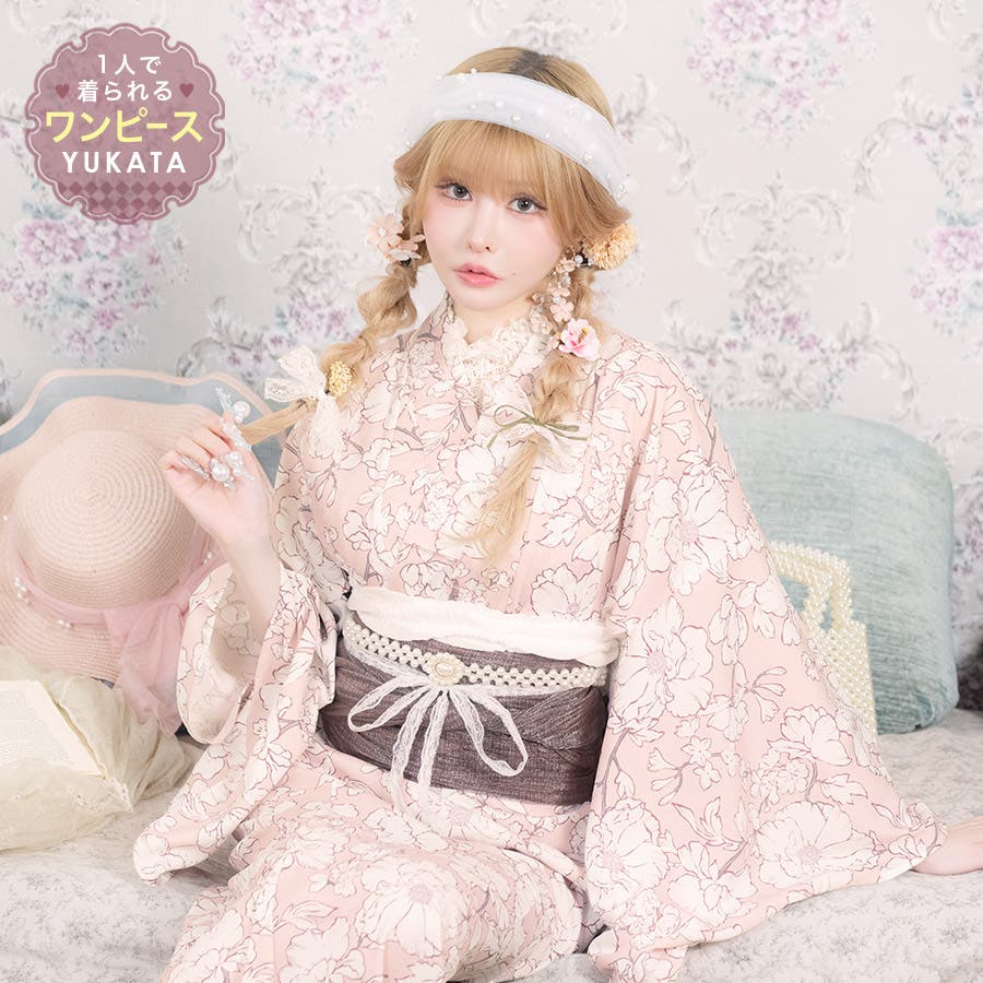 Tika 線画牡丹2wayワンピース浴衣3点セット 浴衣羽織[品番