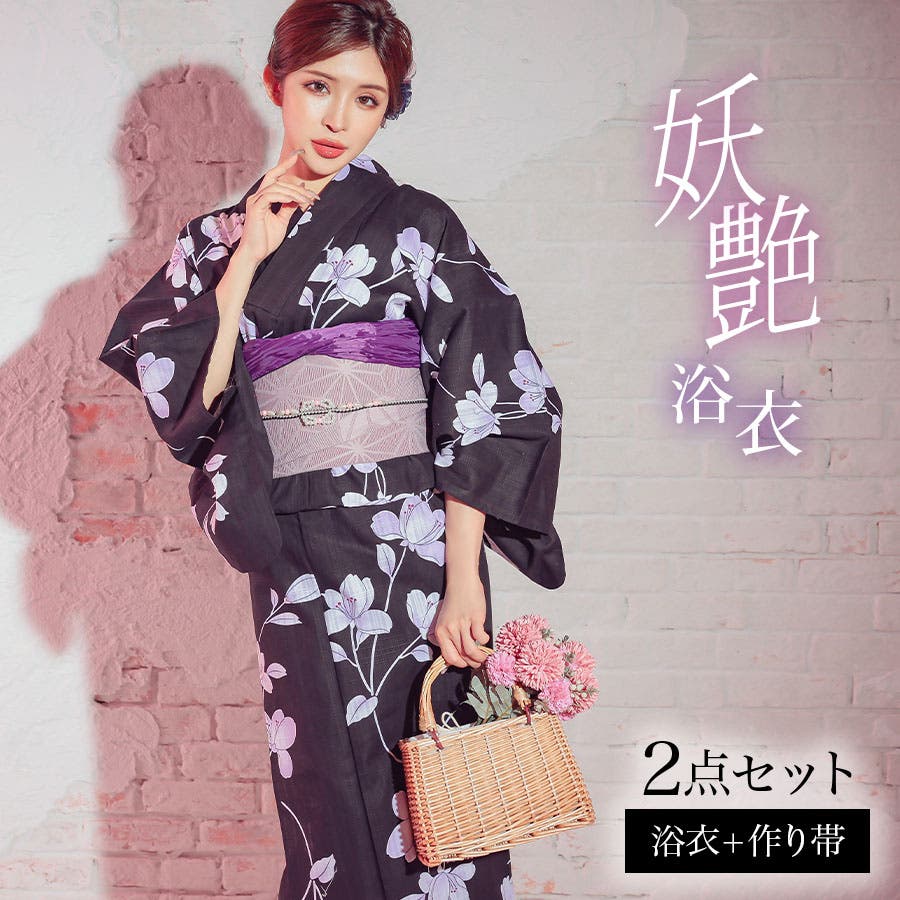 Tika ブラック×パープル菖蒲浴衣2点セット 浴衣[品番：XK000013510