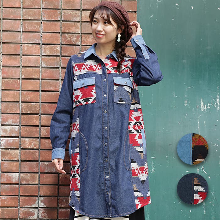 BIue Trick 羽織れるワンピースインディゴパッチワーク（Ｍサイズ） 二重織ガーゼデニムドットワンピース(ワンピース) | GIANNI LO