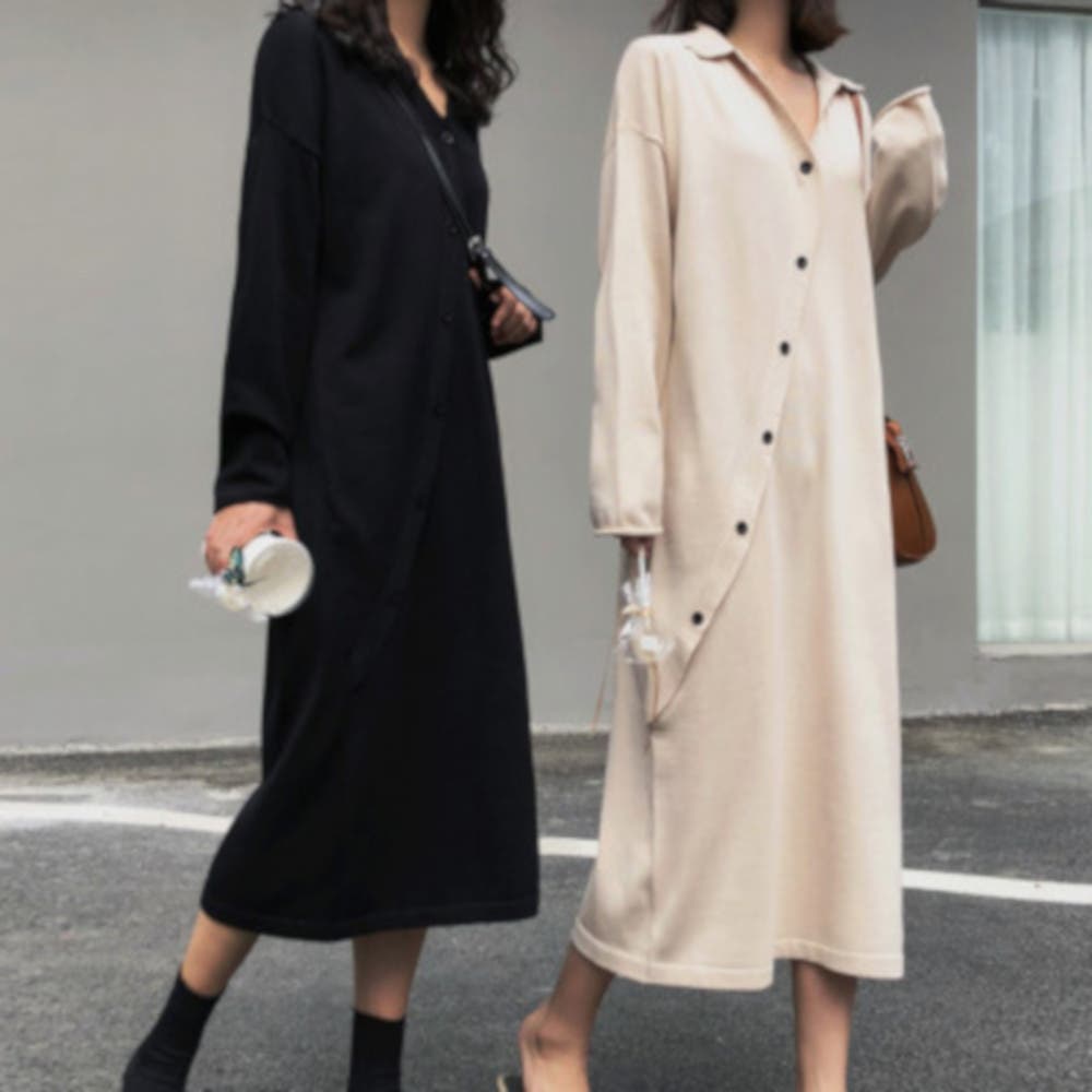 ワンピース ニットワンピ ロング ロング丈 長袖 Vネック レディース