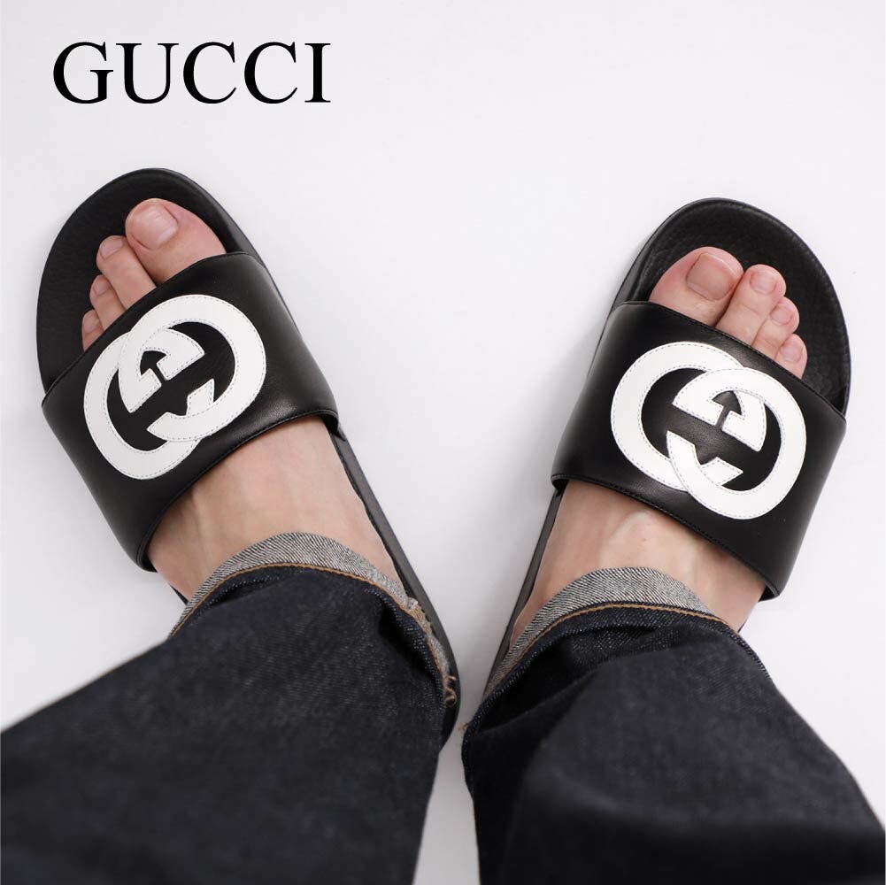 GUCCI グッチ サンダル メンズ6 約25cm ブラック GGロゴ レザー