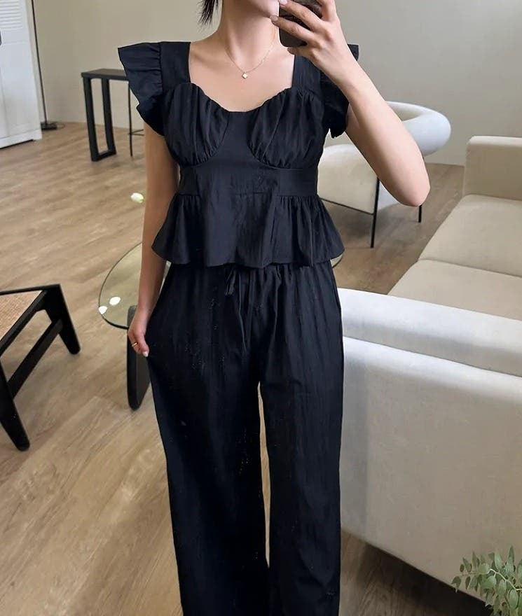 ラッフルフリルトップスハイウエストワイドレッグ2点セットアップ[品番