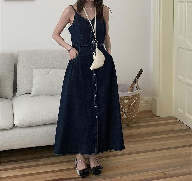 袖なしロングシングルブレストデニムキャミワンピース[品番