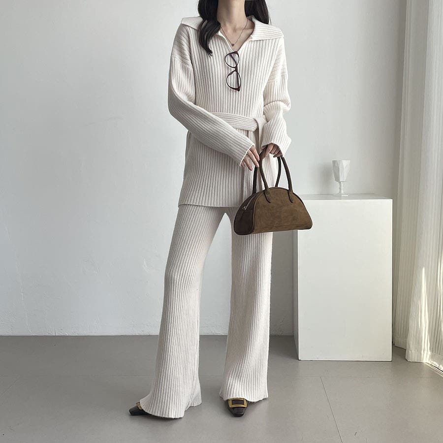 襟付きVネックセーターニットパンツセットアップ[品番：NTRW0011313