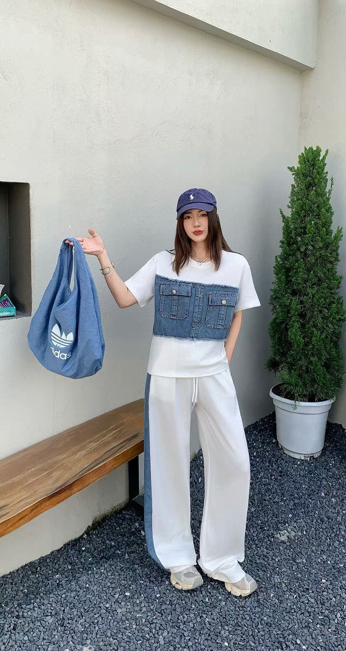 デニム切り替えスウェットトップスパンツセットアップ[品番