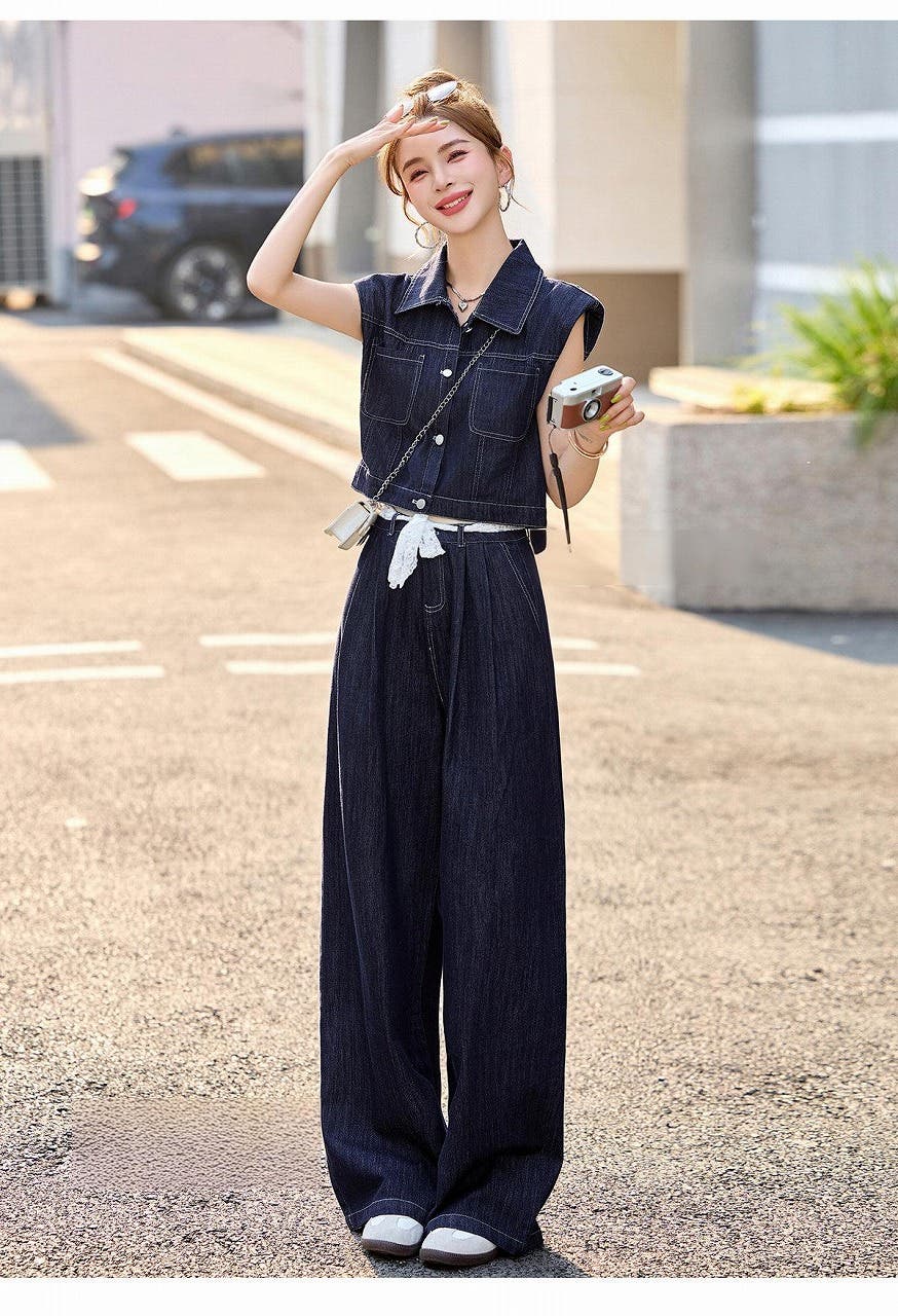デニムノースリーブトップスワイドパンツセットアップ[品番
