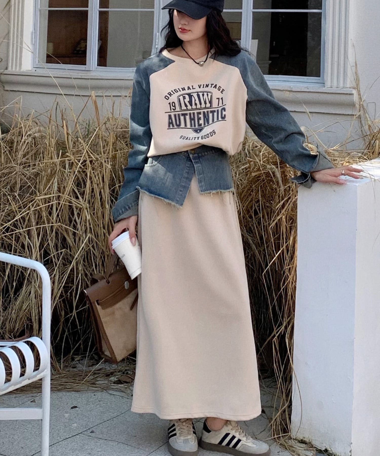 プリントパッチワーク長袖トップススカートセットアップ[品番