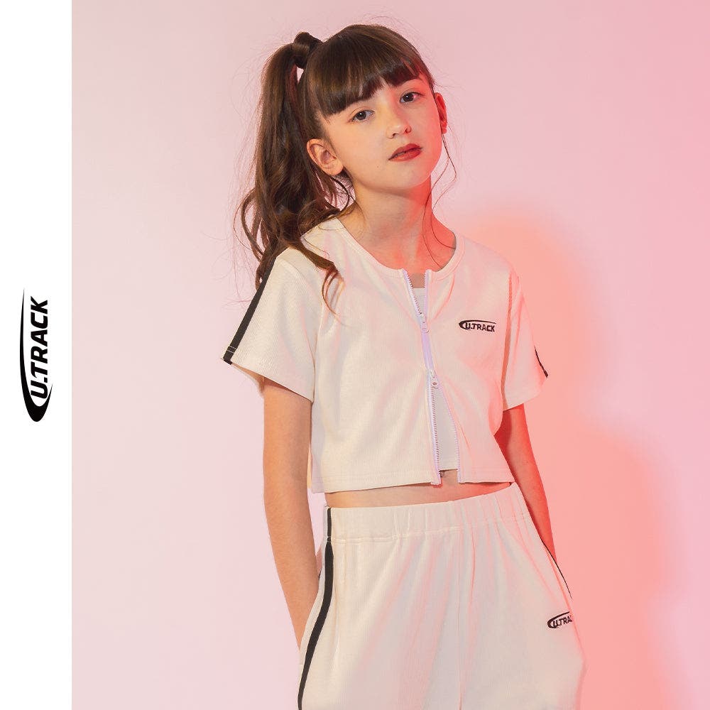 U.TRACK】ワンポイントダブルジップリブクロップドトップス[品番