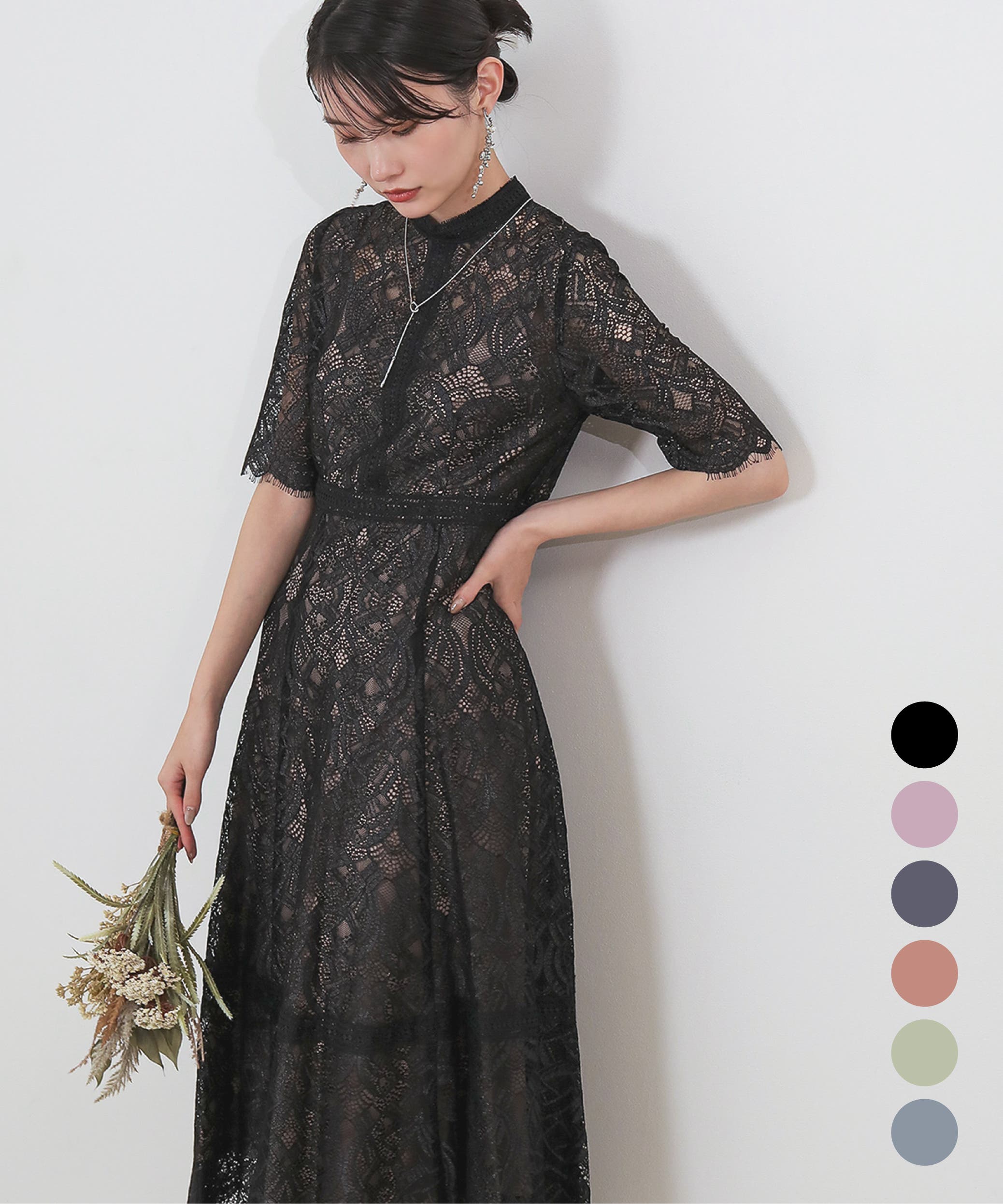 ラメ×レース ロング ワンピースドレス[品番：BECW0010049]｜kana