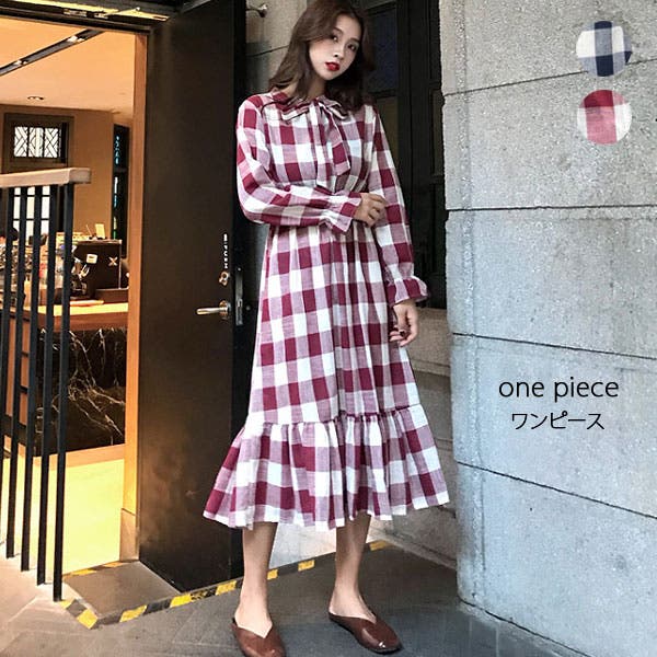 ブロックチェック ワンピース ロングワンピース[品番