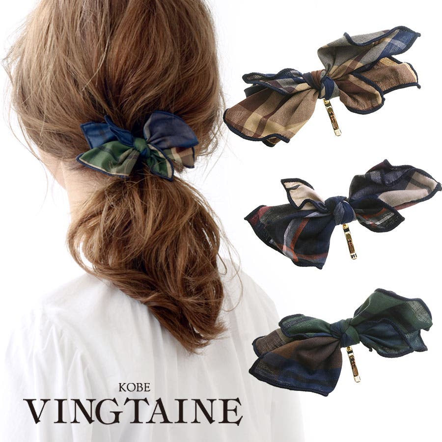 チェック柄リボンポニーフック ヘアカフ ヘアフック[品番：VTNA0003365