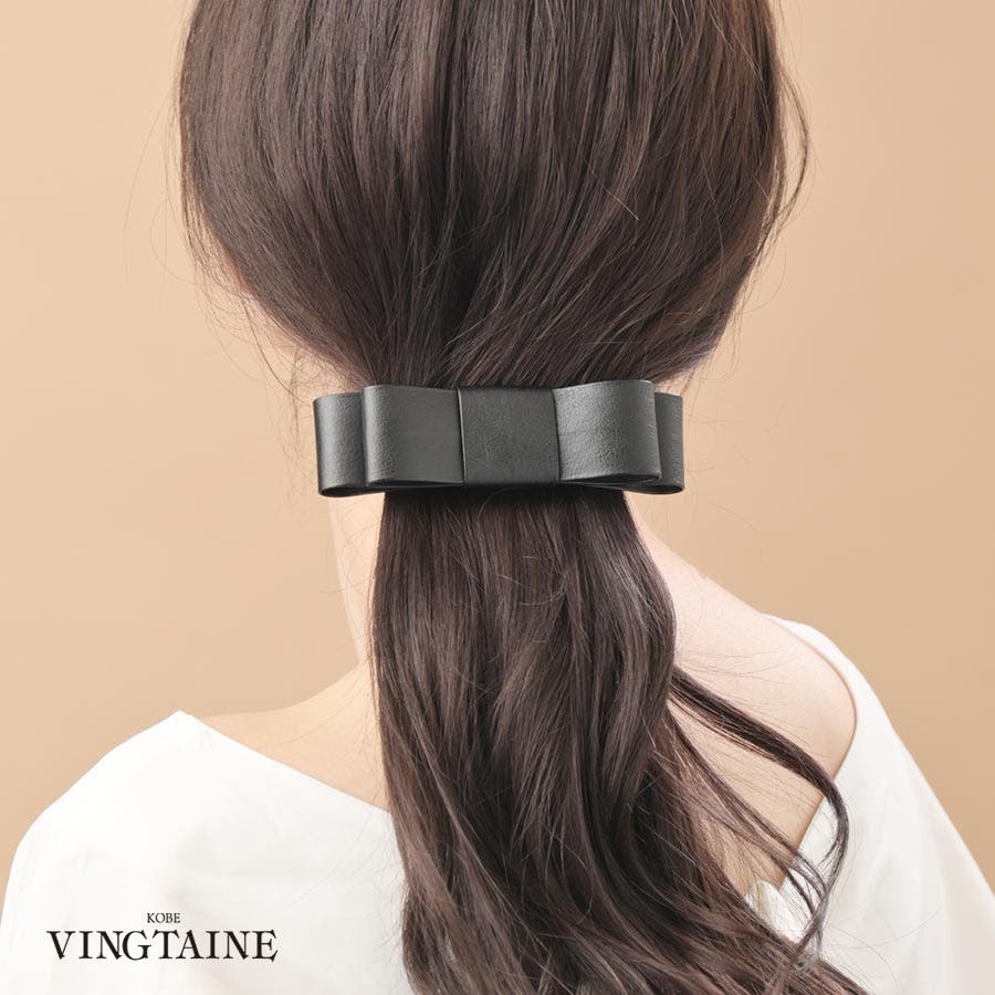 レザー風リボンバレッタ ヘアアクセ エレガント[品番：VTNA0005128