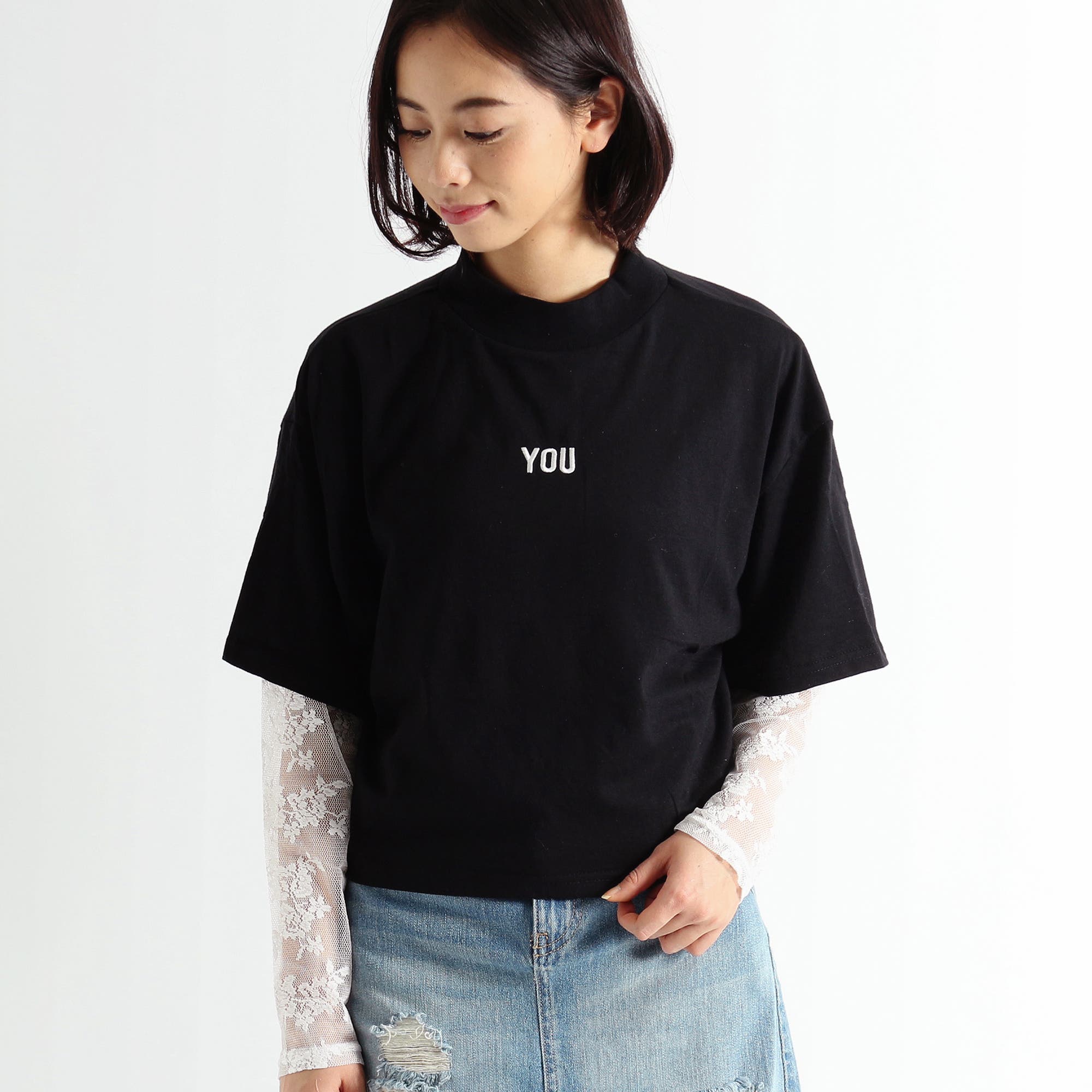 ホワイト 半袖Tシャツ レース レイヤード ドット fancyclub 白 ホワイト 半袖Tシャツ レース レイヤード ドット fancyclub 白