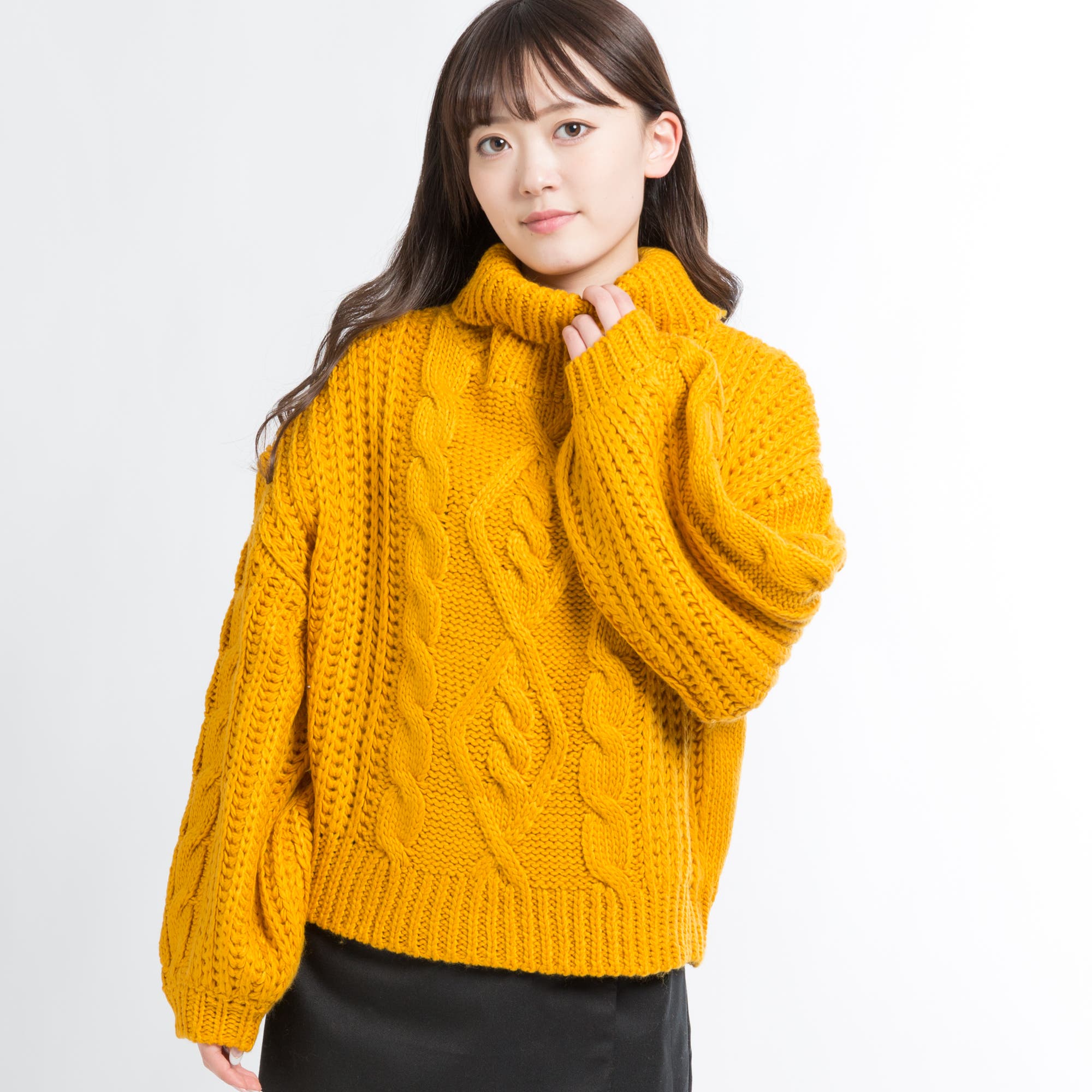 【極美品】ボールジィ　オーバーサイズリブタートルニット　ウール生地　イエロー 低身長向け】ロービングケーブルタートルニット DU17WN12-L003[品番