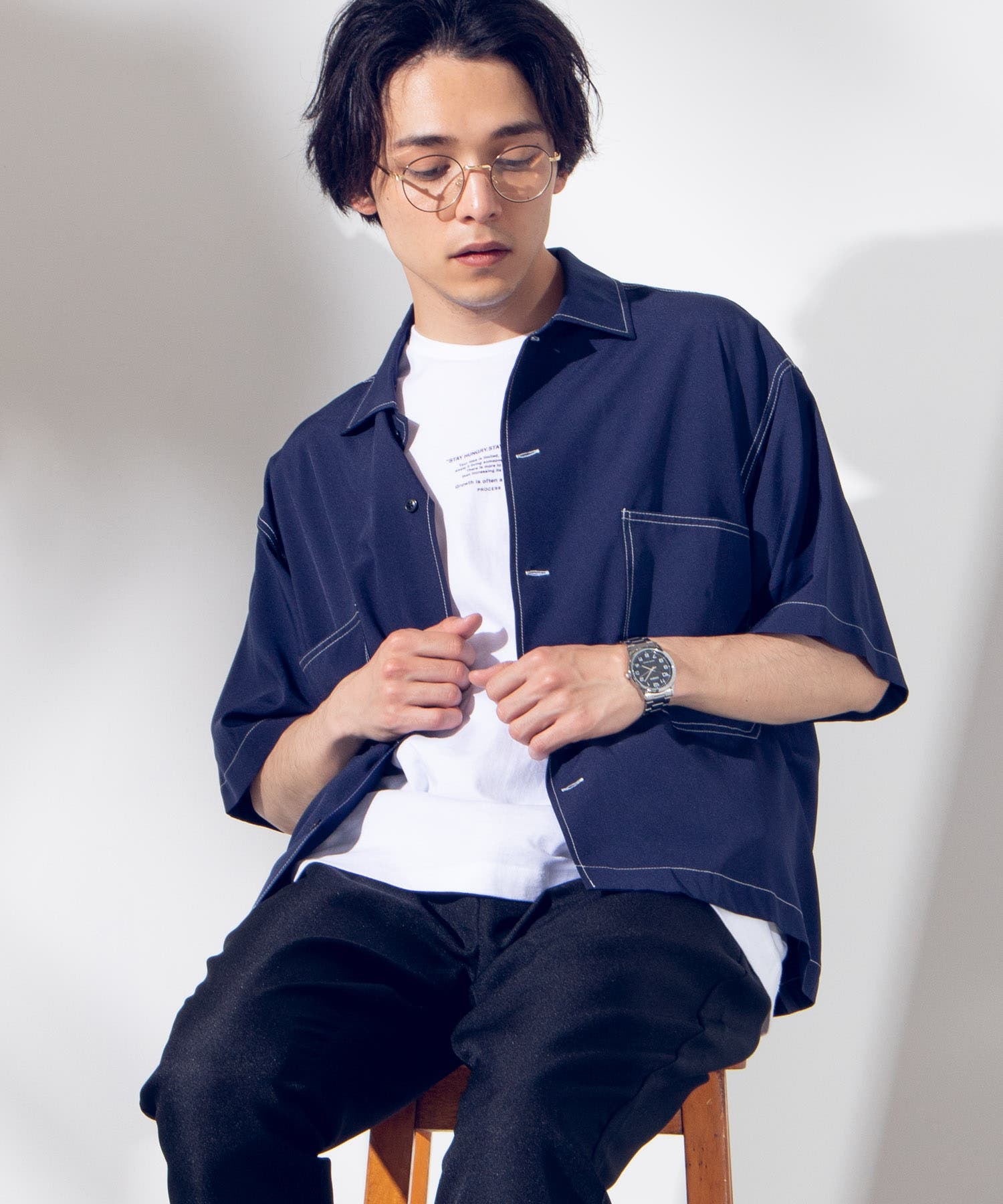 配色ステッチ5分袖BIGシャツ WE19SM04-M0688[品番：WG010038437]｜WEGO