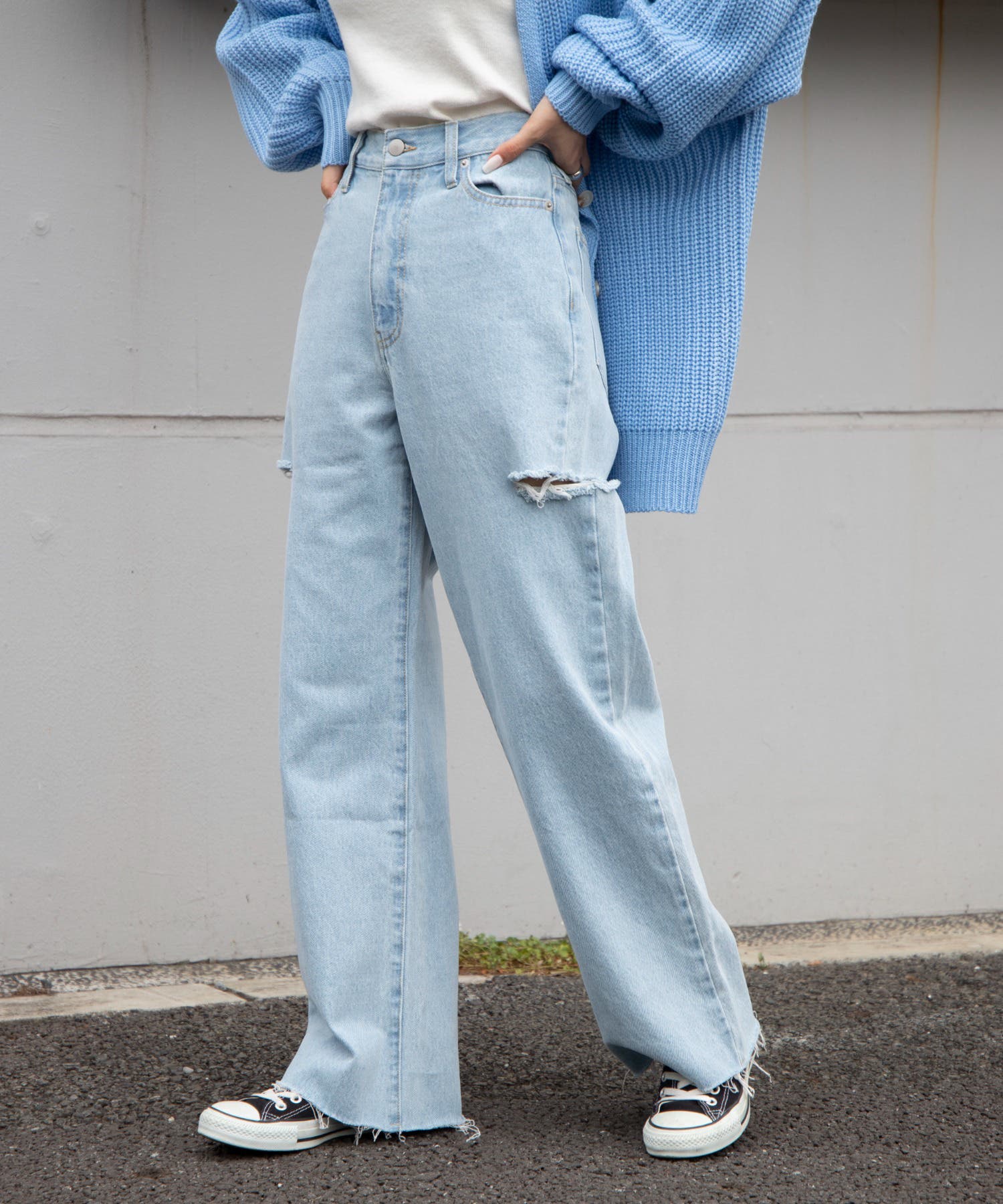 Wide straight damage nep denim pants / ワイドストレート