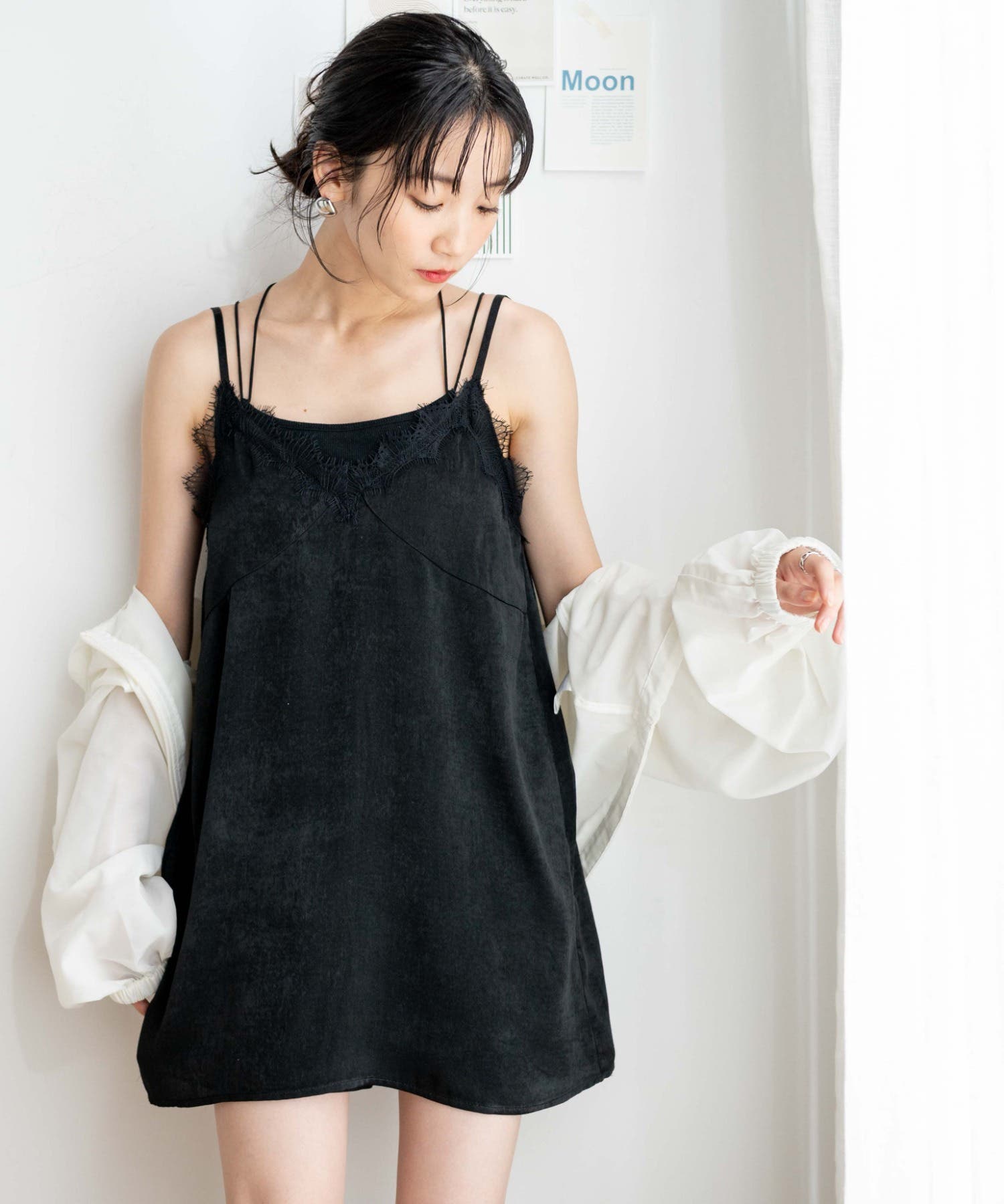 春服　ランジェリーライク　キャミソール　ワンピース　レース　黒　古着 Vintage lingerie ブラックレースランジェリーキャミワンピース
