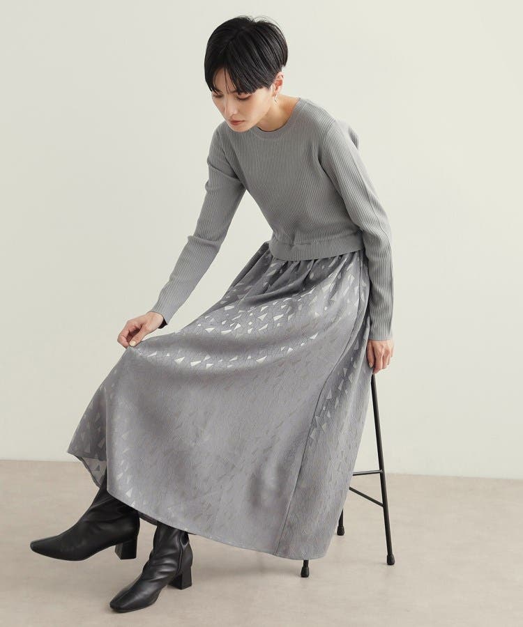 大人気新品  美人百花掲載》ニット×ジャカードドッキングワンピース【洗濯機 ロングワンピース+マキシワンピース