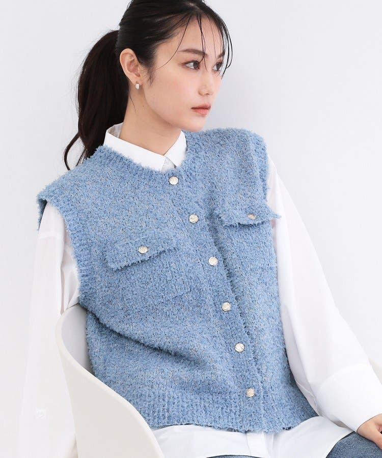 KAPITAL ボタン付き水色ベストトップス XSサイズ 変形金ボタンニットベスト【洗濯機OK】[品番：WRDW0232265]｜OPAQUE
