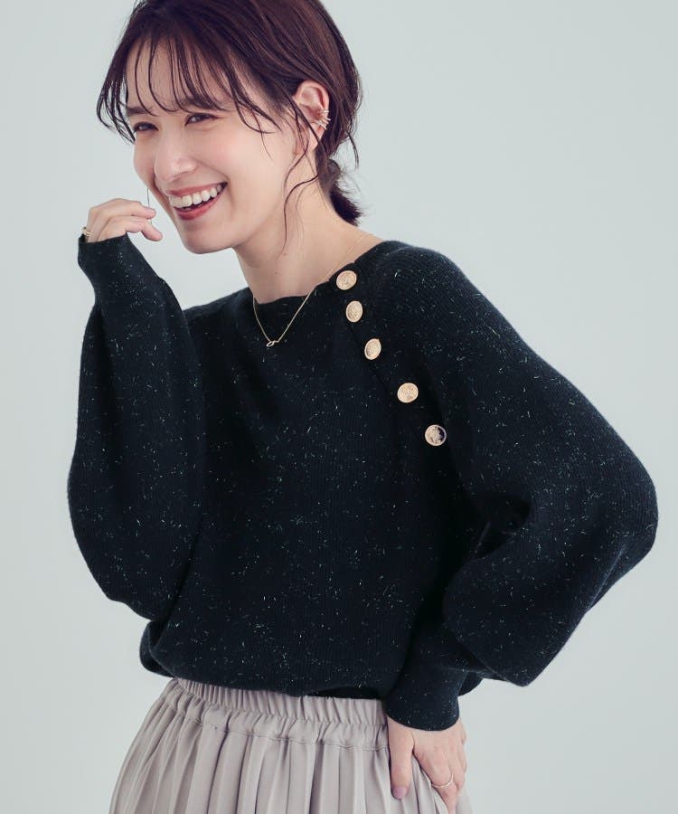 S-LL/洗える】きらっとラメが華やか 肩金ボタンニット[品番 S-LL/洗える】きらっとラメが華やか 肩金ボタンニット[品番