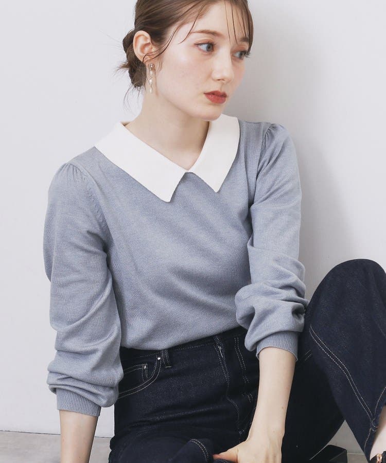 バイカラー衿付きニット【洗濯機OK】[品番：WRDW0224598]｜index