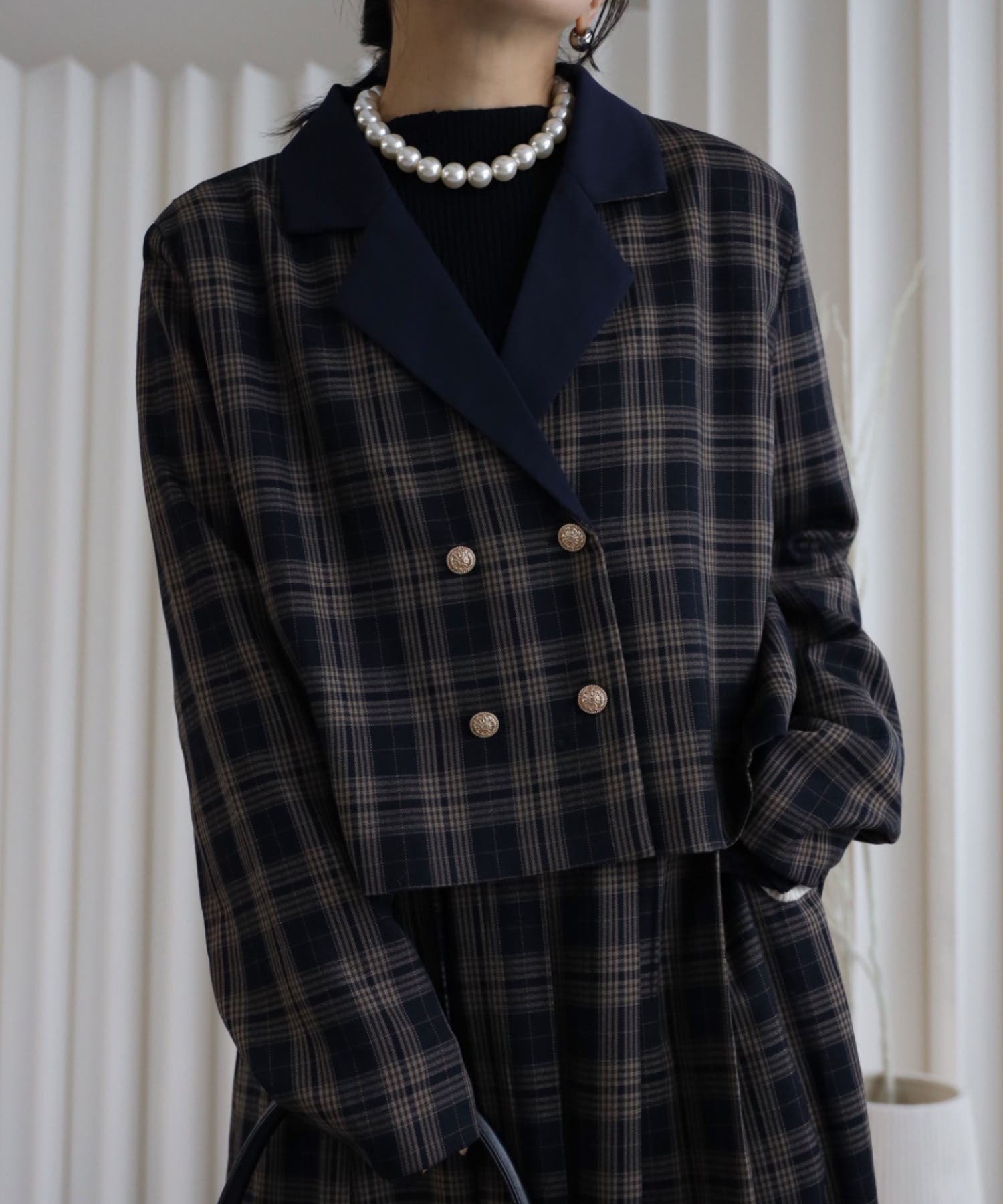 チェック配色ショートテーラードジャケット】セットアップ可能[品番