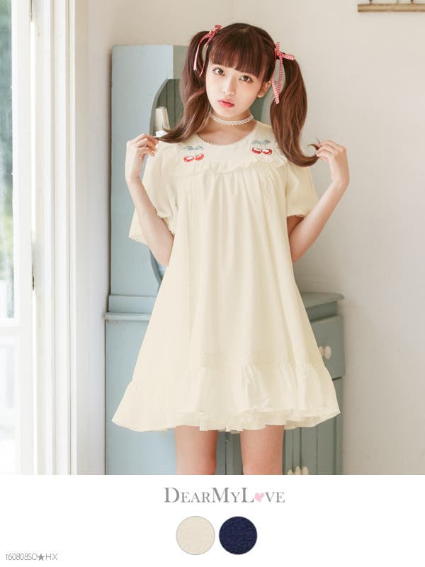 さくらんぼチェリー刺繍Aラインレース切替フリルワンピース DML PR