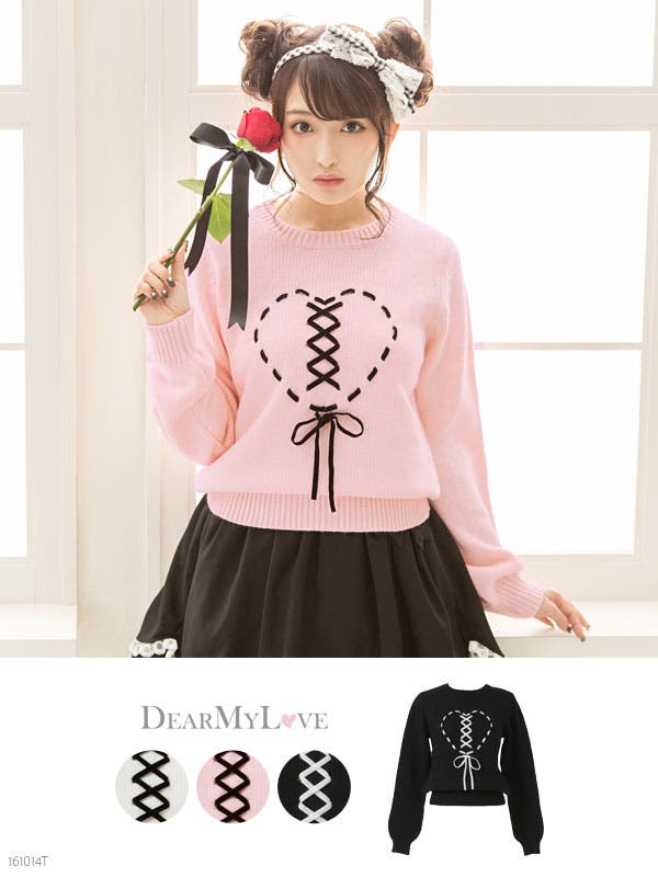レースアップハートリボンニットトップス ゆめかわいい 原宿系[品番
