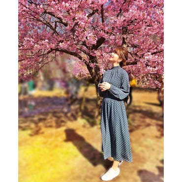 .﻿
桜🌸を見に行ったときのコーデ💓﻿
﻿
SHOPLISTで買った、﻿
スタンドネックのロングワンピース🙉💙﻿
パンプスを合わせるより、﻿
スニーカー👟を合わせる方が今っぽい💓﻿
﻿
﻿
総柄だけど、落ち着いた色味で、﻿
程よい生地の厚みもあって着心地良いです🙆‍♀️❤️﻿
﻿
この可愛さでプチプラ過ぎて驚き😳❣️﻿
﻿
﻿
 #春服  #総柄  #柄  #ロング  #ワンピース  #ロングワンピース  #桜 #🌸 #寒桜  #SHOPLISTA  #SHOPLIST ﻿