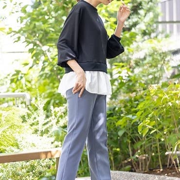 １枚でレイヤードスタイルがつくれる
便利なトップスです♪
やわらかいニットソー素材を使用しています！