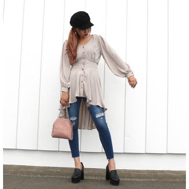 ボリュームのあるスリーブが大人可愛いシャツチュニック♪レディライクな雰囲気に♪