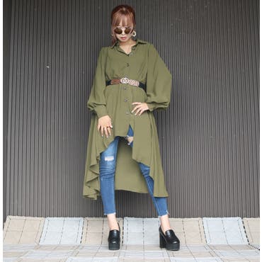 バルーン袖が可愛い2WAYロングシャツ♪同色の紐付きですが、お手持ちのベルトに変更して変化を楽しんでも◎♪