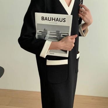 Vネック配色ロングワンピース